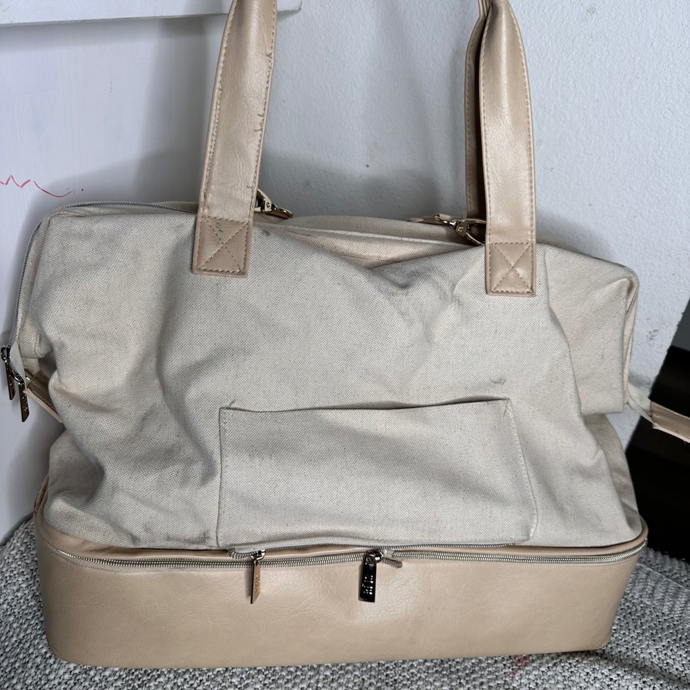 BEIS The Weekender Bag Beige Canvas Faux Leather Travel Tote Shoe Compartme